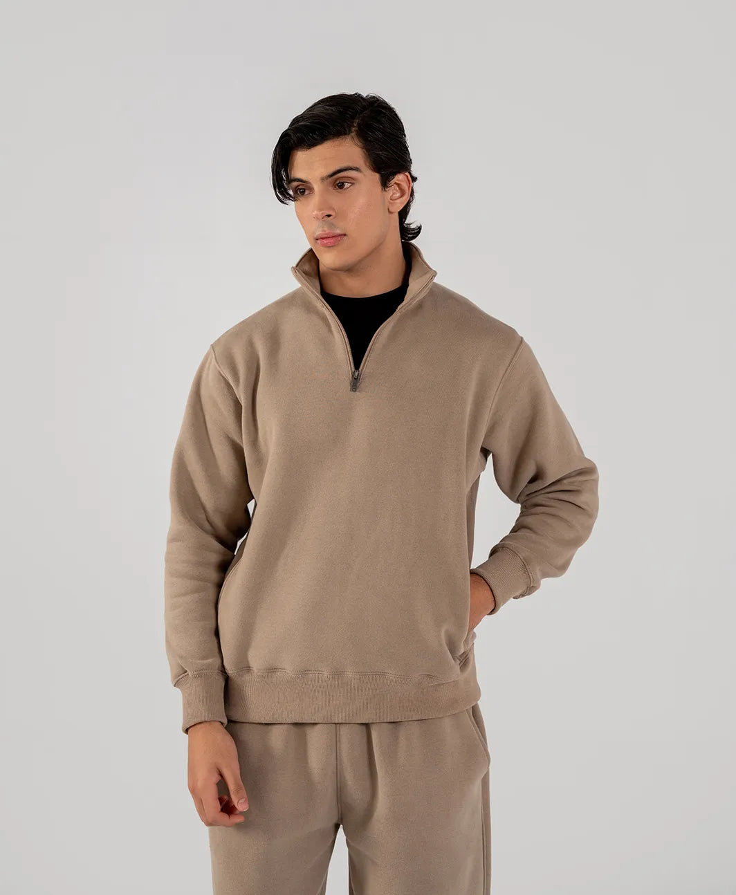 Men's Fleece Half Zipper Taupe Brown