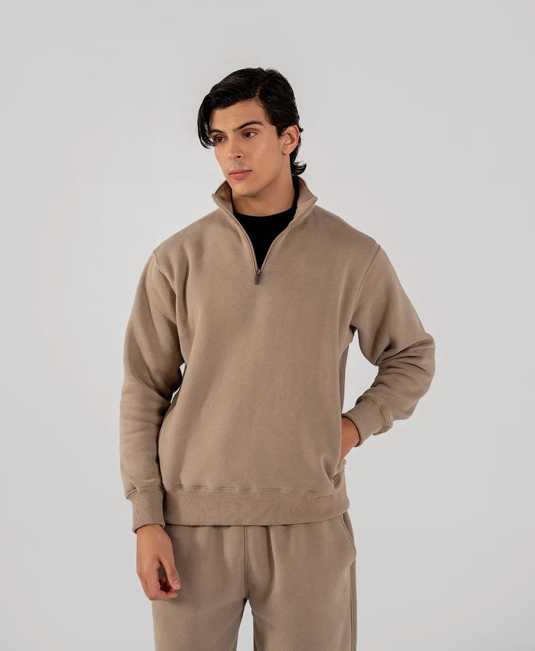 Men's Fleece Half Zipper Taupe Brown
