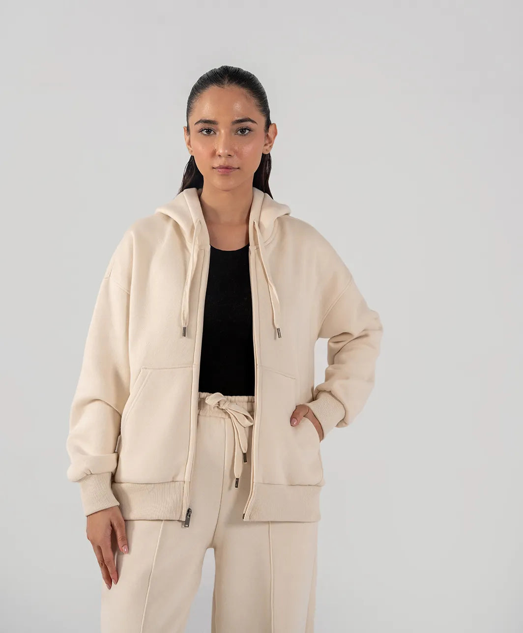 Ladies Fleece Zipper Hoodie (Ivory)