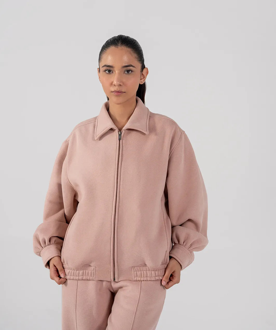 Ladies Collar Zip Jacket (Pastel Pink)