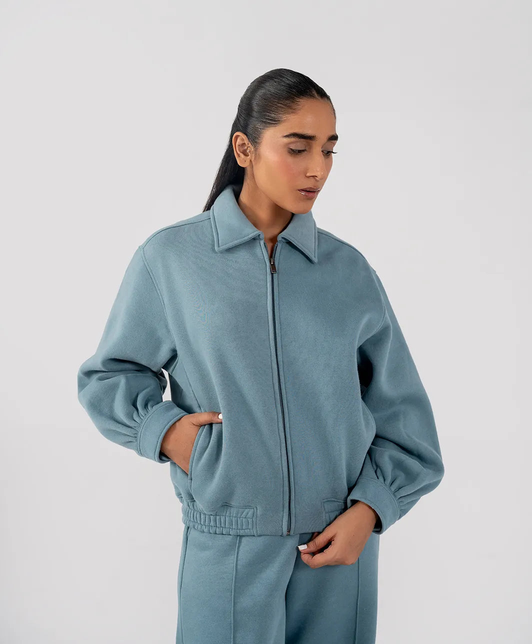Ladies Collar Zip Jacket Steel Blue